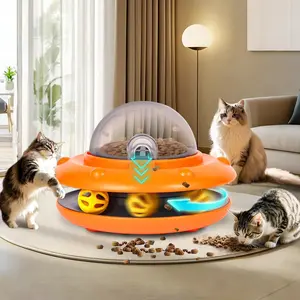 Cat Toys 2-in-1 Interactive Cat Feeder with Bell Ball Track & Auto Food Dispenser Rechargeable 1800mAh 3 Adjustable Food Portals USB-C Charging Stimulate Play & Control Eating for Bored Indoor Cats