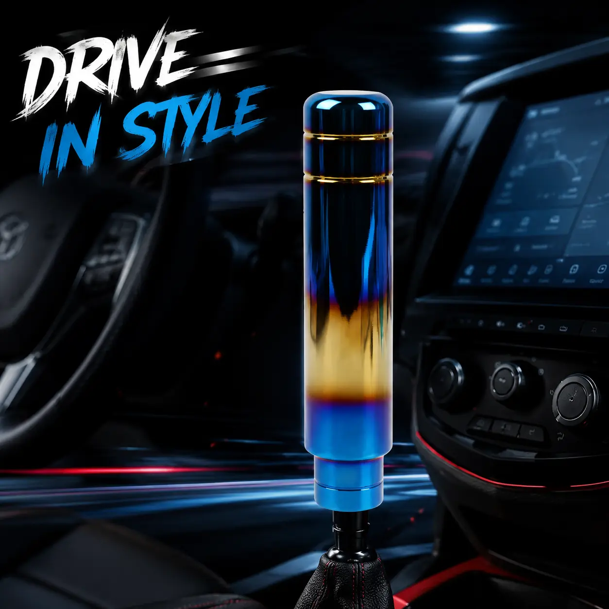 Universal Aluminum Alloy Racing Shift Knob – Titanium Blue Gold Gradient Manual Gear Shifter Handle for MT/AT Cars, M8 M10 M12 Adapters Included, JDM Racing Style Interior Upgrade #ShiftKnob #CarMods #JDMStyle #CarInterior #RacingStyle