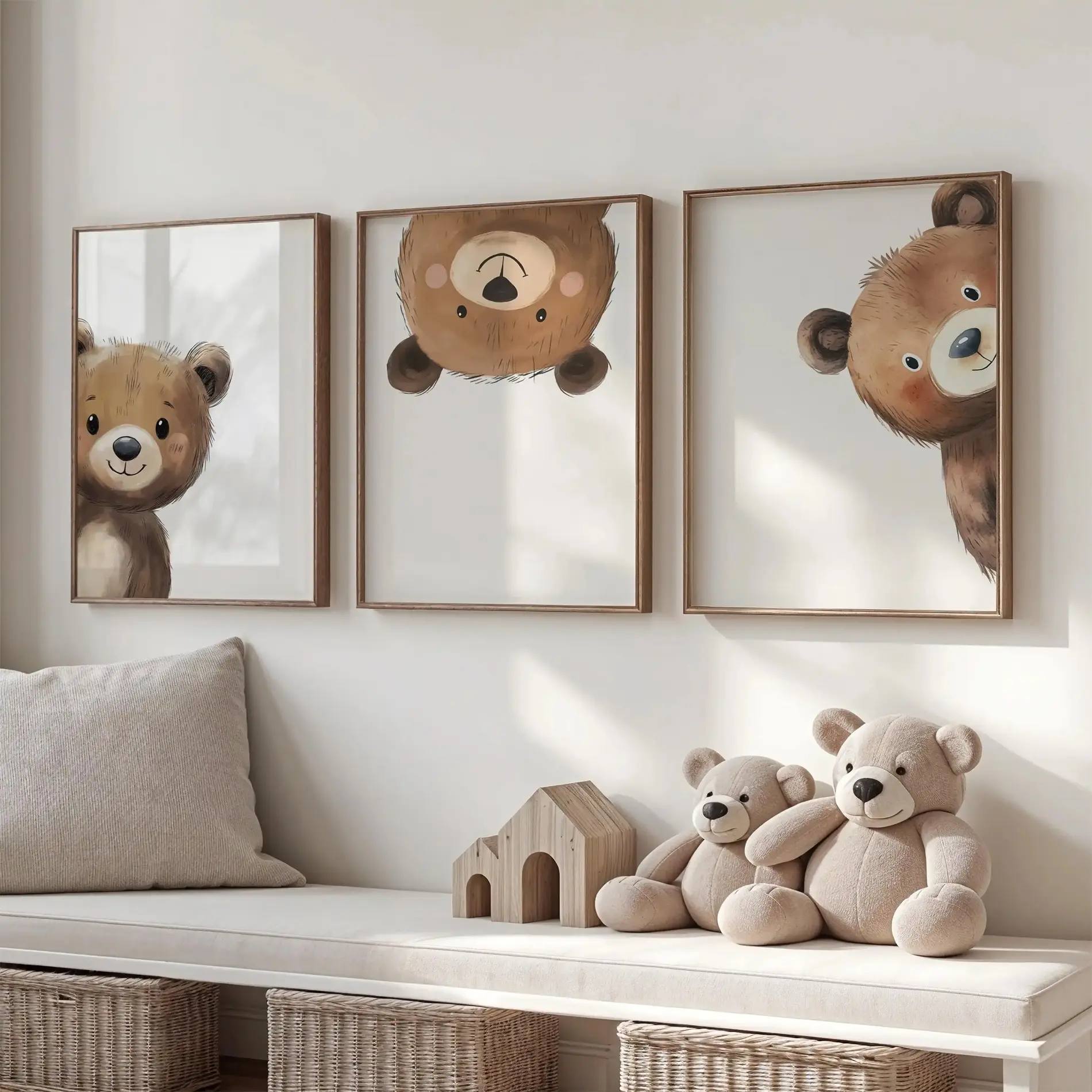 3pcs Bear Print Nursery Wall Art - Peeking Bear Posters Peekaboo Kids Room Decor Gift Printable Art Illustrations Woodland Animal Theme Home Decor Products Super Cute Decoration Artwork For Walls Decoration Items