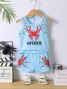 Two-Piece Set Spider Print Tank Top & Shorts Set, Casual Sleeveless Top & Shorts, Summer Clothes for Infant Toddler Kids, Baby Clothing, Toddler Outfit