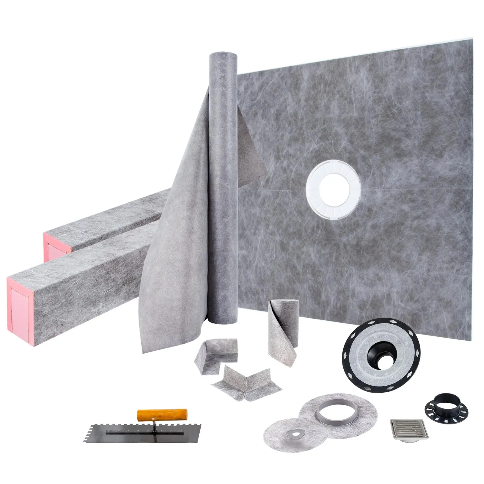 【SummerFinds】VEVOR Shower Curb Kit,  , 48\"x48\" Watertight Shower Curb Overlay with 4\" ABS Central Bonding Flange, 4\" Stainless Steel Grate, 2 Cuttable Shower Curb and Trowel, Shower Pan Slope Sticks Fit for Bathr