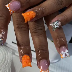 Orange French Tip Press On Nails – Medium Duck Shape with White Bow and Star Rhinestones, Glossy Summer Fake Nails for Women, 24PCS