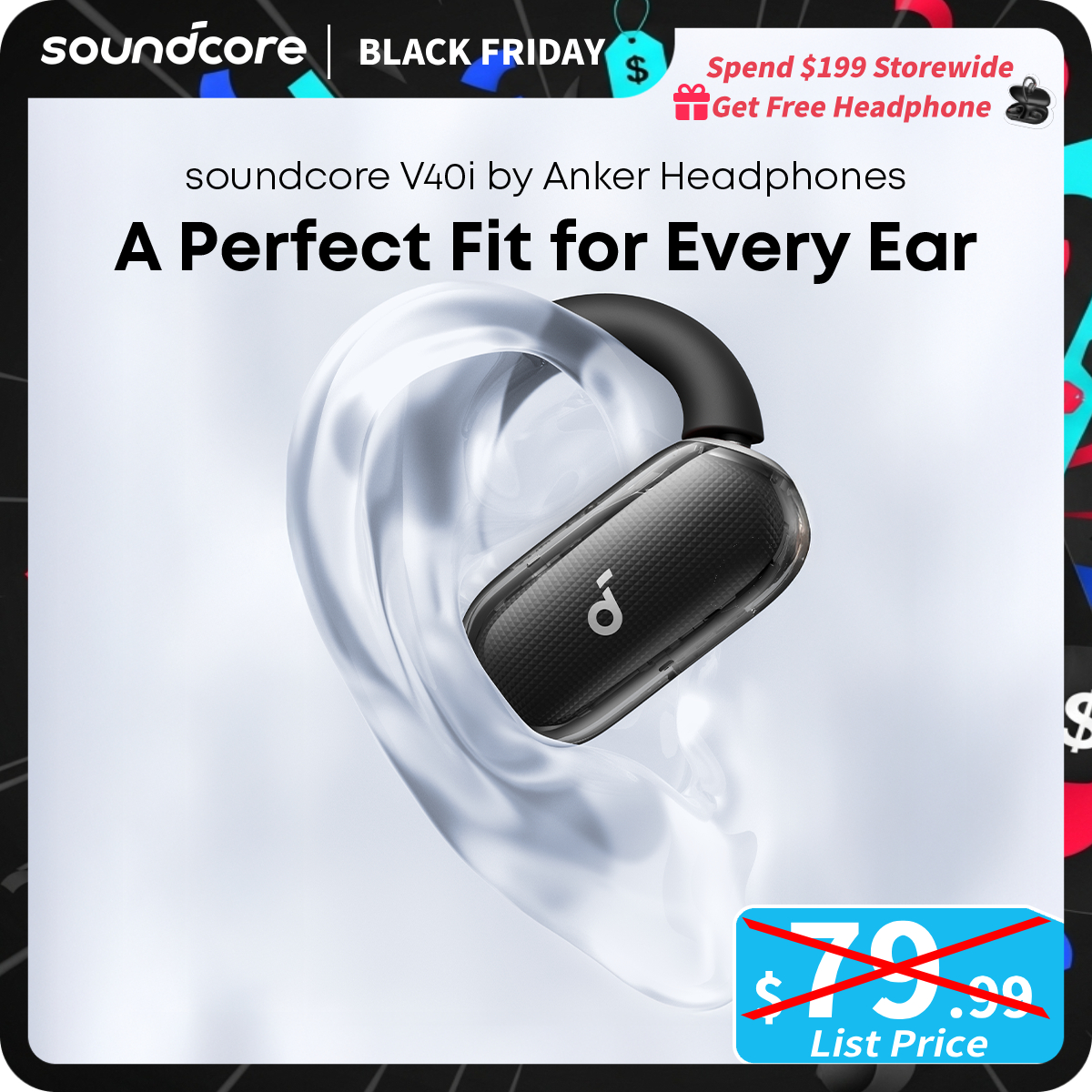 [TikTokShopBlackFriday] soundcore V40i by Anker, Open-Ear Earbuds, Clear Design, Lidless Case, 4 Adjustable Positions for Every Ear Size, Richer Bass,