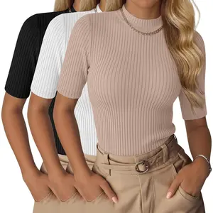 3 Pack Mock Neck Tops for Women Ribbed Turtleneck Work Business Shirts Dressy Short Sleeve Slim Summer Going Out Tops