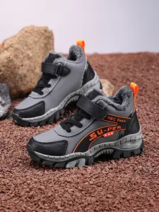 Boys' Winter High-Top Warm Snow Boots, PU Leather Rubber Sole Outdoor Shoes, Adjustable Velcro Hiking Shoes for All Seasons