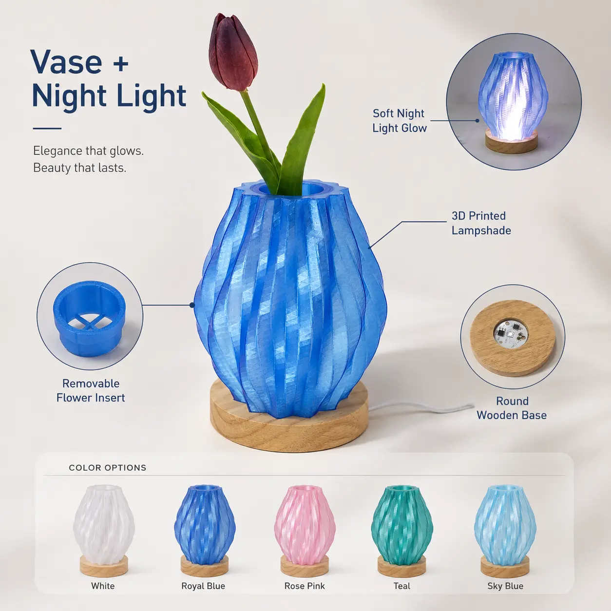 Modern Vase Night Light with Wooden Base, Multifunctional LED Bedside Lamp, Flower Holder and Storage Decor for Bedroom