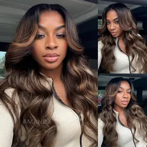Sunber 7x5 Pre Cut Balayage Highlight Body Wave Lace Wigs Glueless Human Hair Wig With Invisi Drawstring 150% Density Put on and Go