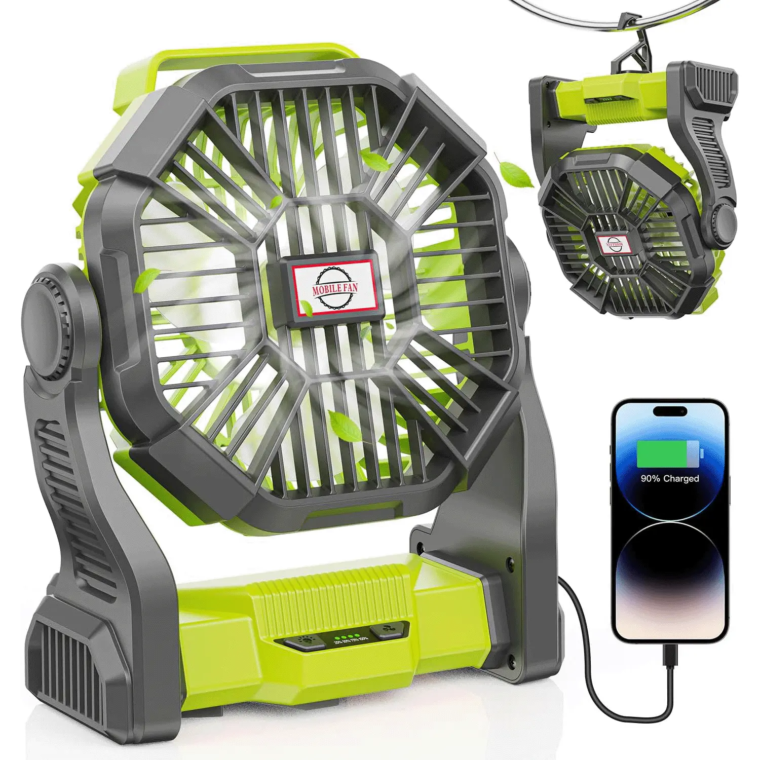 DOWILLDO 20000mAh Battery Operated Fan, Camping Fan Rechargeable with LED Light & Hooks, Portable Tent Fan Outdoor for Picnic, Barbecue, Fishing, Travel