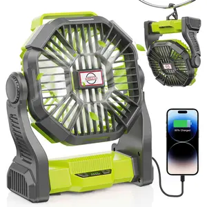 DOWILLDO 20000mAh Battery Operated Fan, Camping Fan Rechargeable with LED Light & Hooks, Portable Tent Fan Outdoor for Picnic, Barbecue, Fishing, Travel
