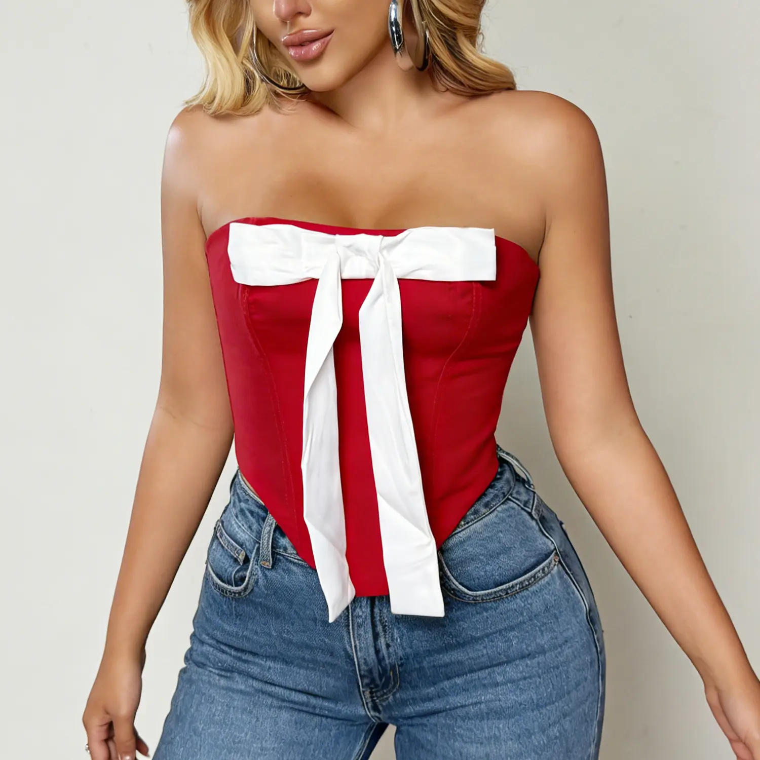 Women's Viral Coquette Corset Top, Red Strapless Bow-Front Bustier with Ruffle Hem & Lace-Up Back, Trendy Going Out Party Wear