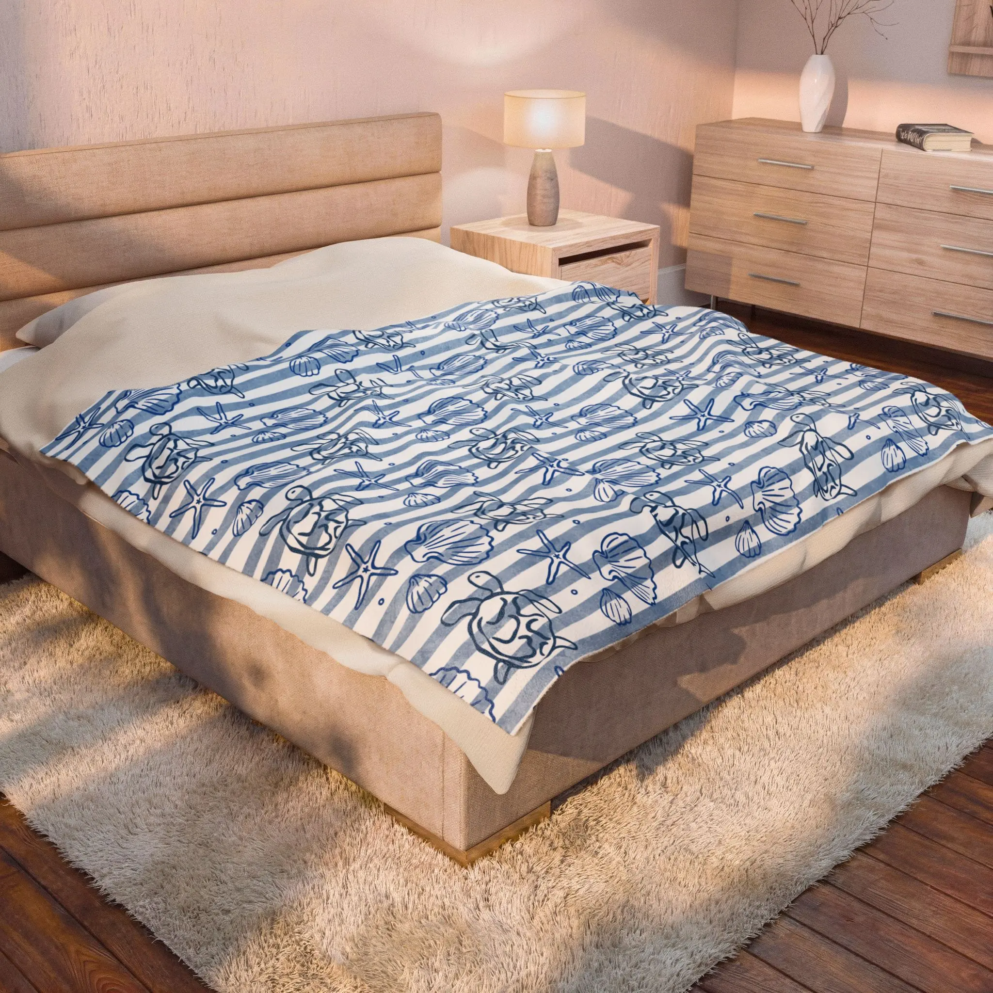 Nautical Seashells Pattern Velveteen Plush Blanket | Blue Coastal Stripe