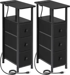 Narrow End Tables Living Room Set of 2 with  Station, Skinny Side Table with Fabric Drawers, Slim Nightstand for Bedroom, Small Spaces, Couch, Black, HETNDP03BK