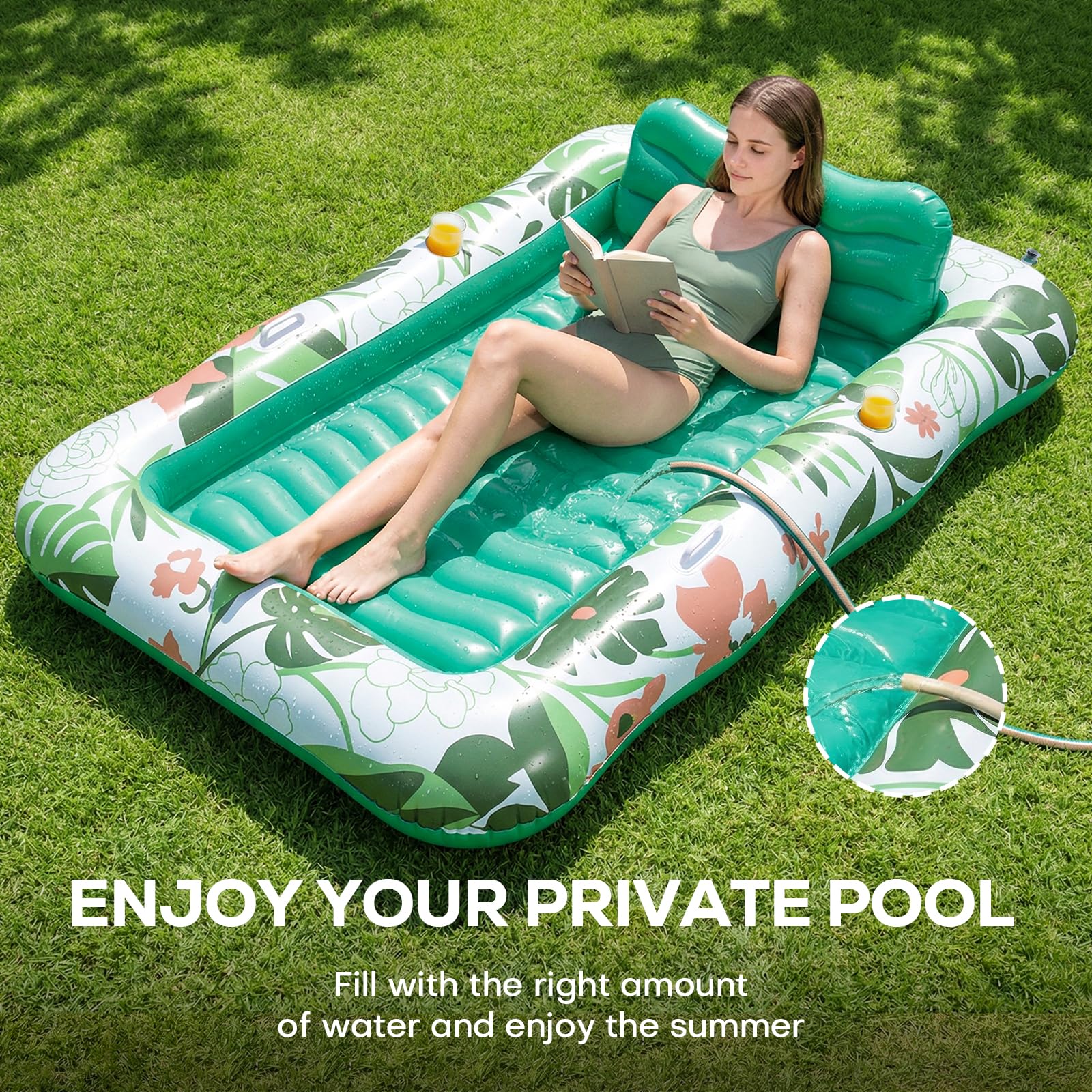 Inflatable Tanning Pool Lounger Float for Backyard,75''×51''Pool Floats Adult with Cup Holder & Removable Pillow, Tanning Bed for Sunbathing, Summer Party and Family Fun (Green, L)