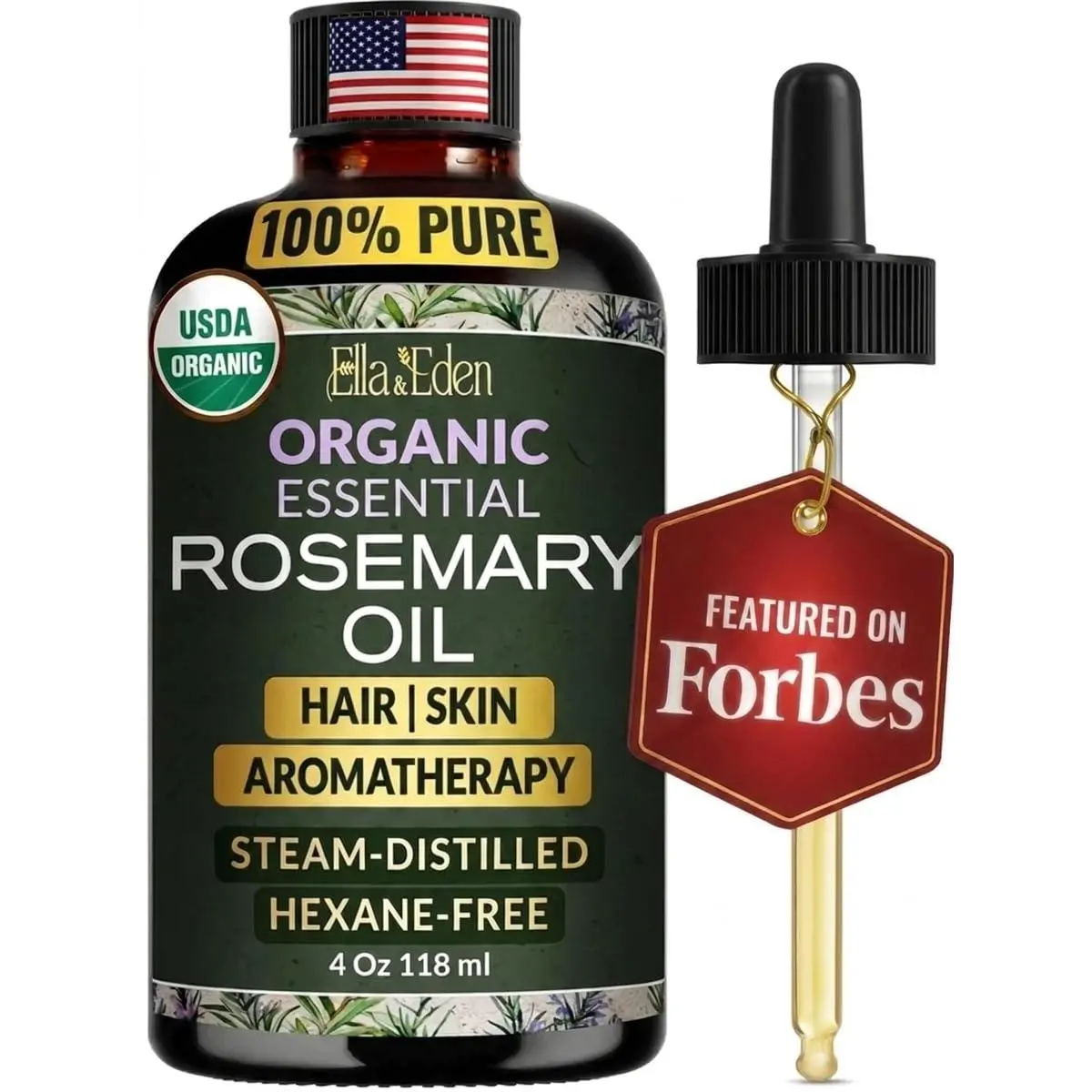 Organic Rosemary Oil for Hair Growth 4 Fl Oz - Ella & Eden 100% Pure Steam-Distilled USDA Certified, for Scalp Health & Skin, Glass Bottle