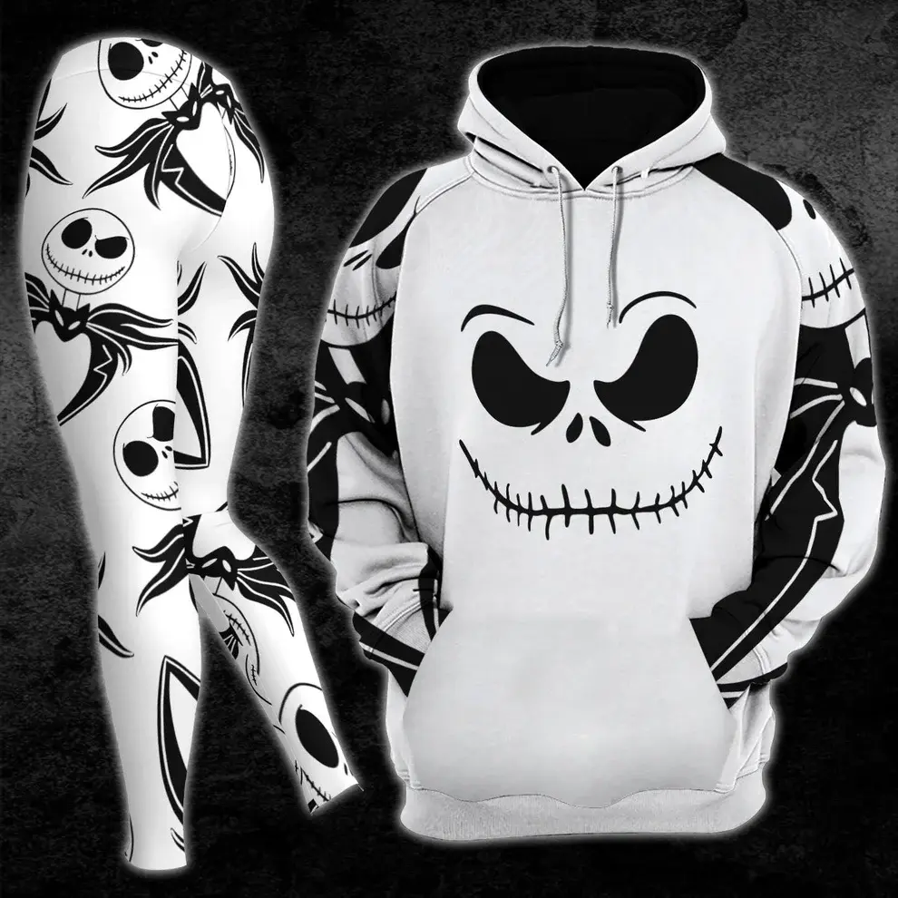 Christmas Nightmare White Hoodie and Leggings Set, Spooky Skeleton Holiday Outfit, Gothic Winter Matching Tracksuit, Horror Fan Gift