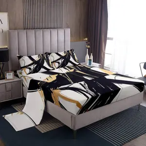 Black Gold Abstract Art Line Bedding Set Modern Geometric Print Sheets for Kids Boys Girls Minimalist Ink Line Bed Sheets Soft Sheets Set,