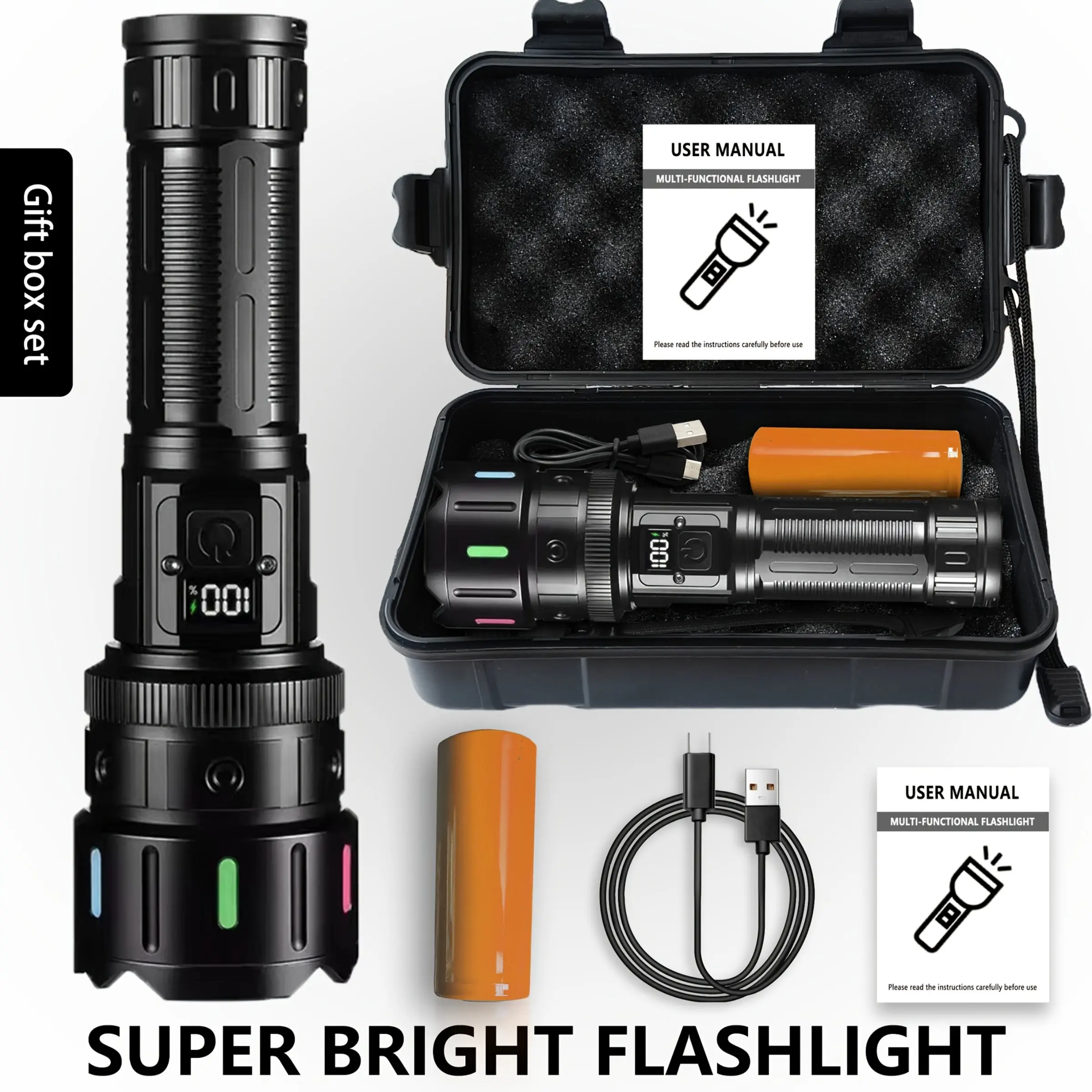 Super Bright LED Flashlight, Aluminum Alloy Material, Smart Display, 1200 Lumens Rechargeable Handheld Torch, Tactical Light, 5 Modes, Type-C Charging, Multifunctional Flashlight, High Lumens Flashlight, Led Rechargeable Flashlights