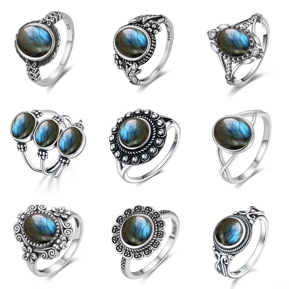labradorite 925 silver ring figure Rings Oval Natural Stone Rings With Rainbow Light Party Gifts Fine Jewelry For Women