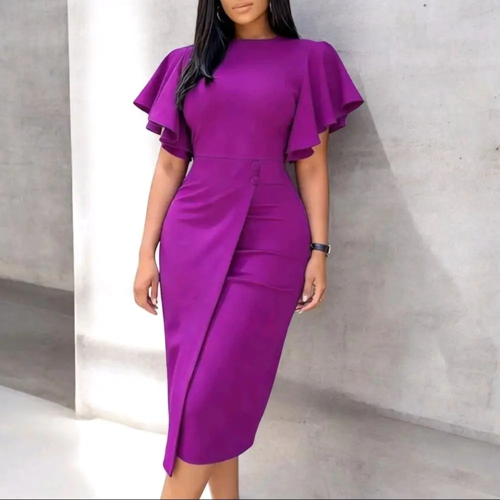 Women's Summer New Elegant Office Casual High-Waist Design, Ruffle Sleeves, Solid Color,  Womenswear