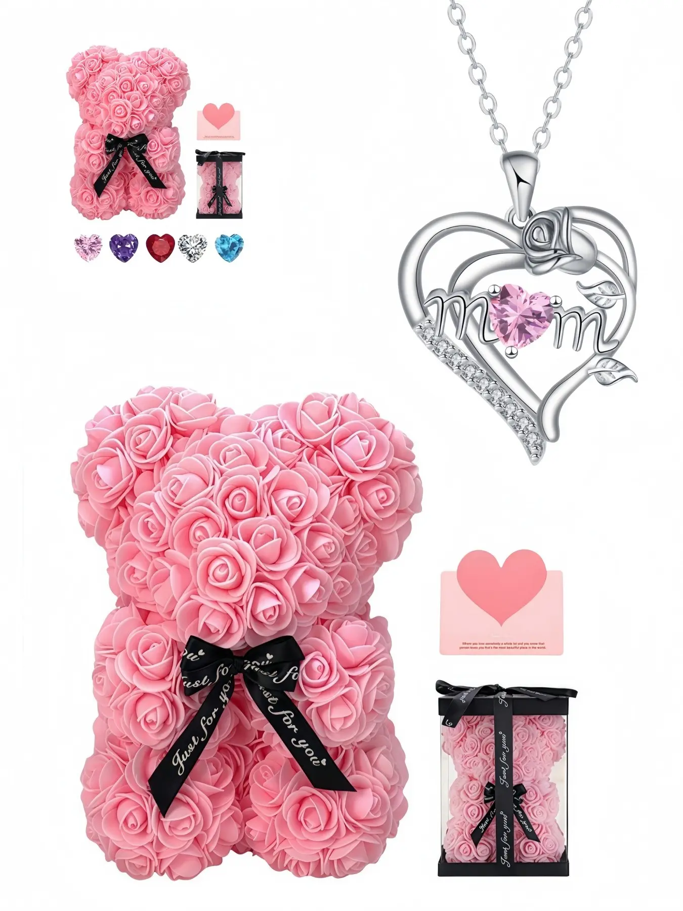 Confession to Mom Fashion luxury gem Heart Shape Pendant necklace with heart and rose MOM design.Comes with a preserved rose and teddy bear gift box, a mysterious gift for birthdays, Valentine's Day, Mother's Day and Christmas, Gemstone Heart Necklace