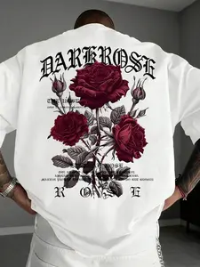 Men's Y2K Streetwear Loose T-Shirt with Burgundy Rose Print, Crew Neck Hip Hop Style Top, Menswear
