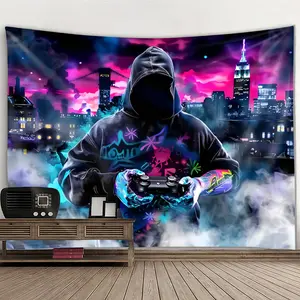 Futuristic City Tapestry Gaming Backdrop Neon Controller Theme Wall Hanging Photography Background Tech Decor for Living Room Bedroom Indoor Outdoor Room Decoration