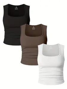 Woman 's soild color ruched design crop sports tank top ,sporty sleeveless top for yoga gym workout running ,ladies sportswear for all seasons ,gym tops,athletic style activewear.