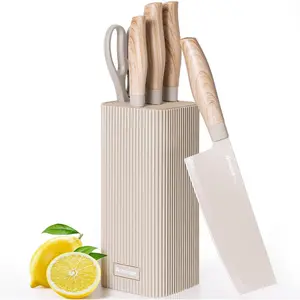 Knife set, 6-piece kitchen knife set, block, high-carbon stainless steel ultra-sharp kitchen knife, wood grain handle, dishwasher-washable knife holder set, khaki color.