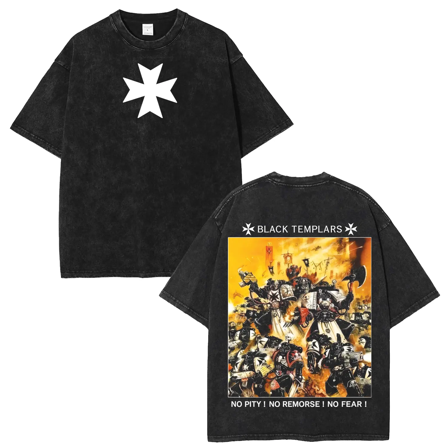 Warhammer 40K Black Templars "No Pity, No Remorse, No Fear" Vintage Washed Tshirt Wargame Fan Cotton Fabric Oversize Apparel, Sci-Fi Fan Gift, Warhammer Apparel