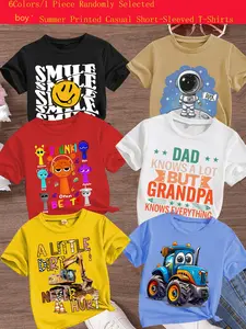 Boys Summer Casual Cool Engineering Car Astronaut Print Comfortable Versatile Short Sleeve T-Shirt, Random Style, Loose Fit, Cartoon Print Tee