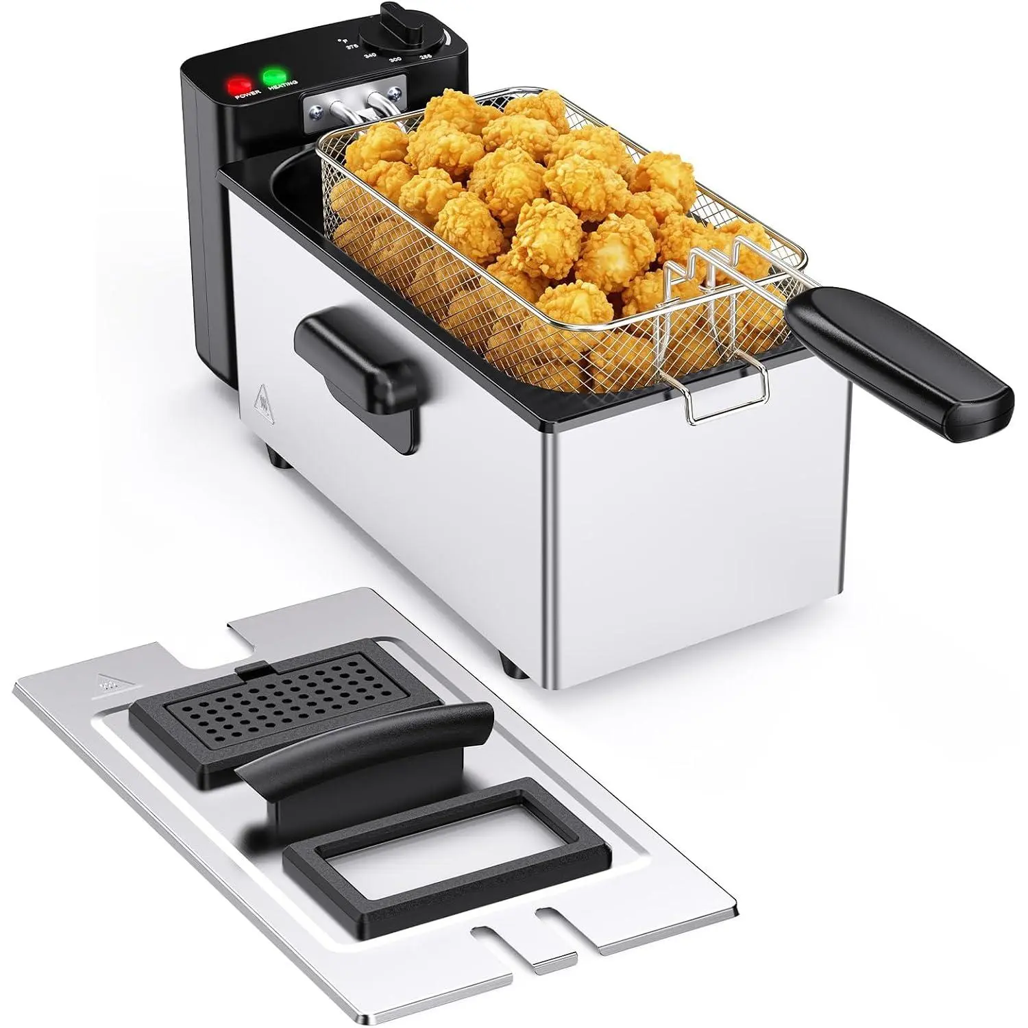 Family-Sized Deep Fryer 3L/1500W & 5L/1800W with 3 Baskets, Magnetic Breakaway Cord, Dishwasher Safe Parts – Perfect for Crispy Chicken, Fries, Seafood – Silver