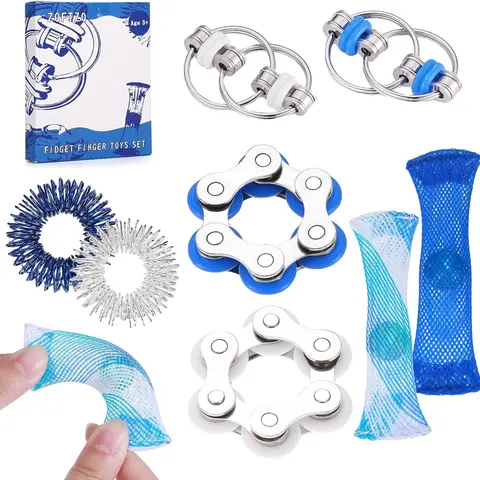 8 Pcs Sensory Fidget Toys Pack Flippy Roller Bike Chain Fidget Spinner Anxiety and Stress Relief Silent Tools Mesh Marble Acupressure Ring for Adults Teens Kids Boys Girls Easter Gifts