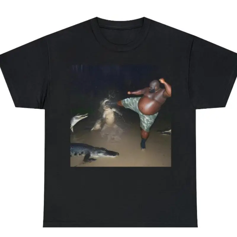 [100% Cotton] Man Kick Alligator In Swamp TShirt, Funny Tshirt, Meme Shirt, Unisex Tshirt All Size S To 3XL Menswear Top Golf Gift T-Shirt For Men And Women