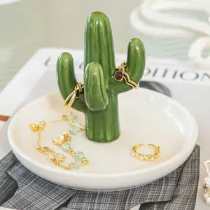 Cactus Ring Holder Dish, Ceramic Jewelry Tray Trinket Dish for Necklace Keychain Organizer, Cute Funny Birthday Wedding Mothers Day Gift