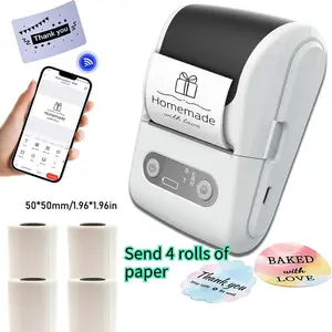 Portable Thermal Printer with 4 Rolls 50x50mm Label Paper, Mobile Receipt Printer for Smartphones/tablets, Barcode Compatible