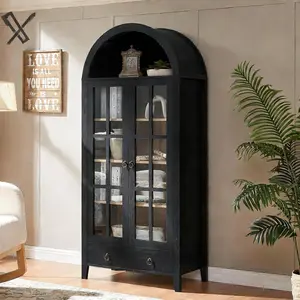 PieDle 70" Tall Arched Cabinet, Modern Farmhouse Wooden Display Cabinet with Glass Doors, 6 Tier Bookshelf with Adjustable Shelves for Living Room, Office