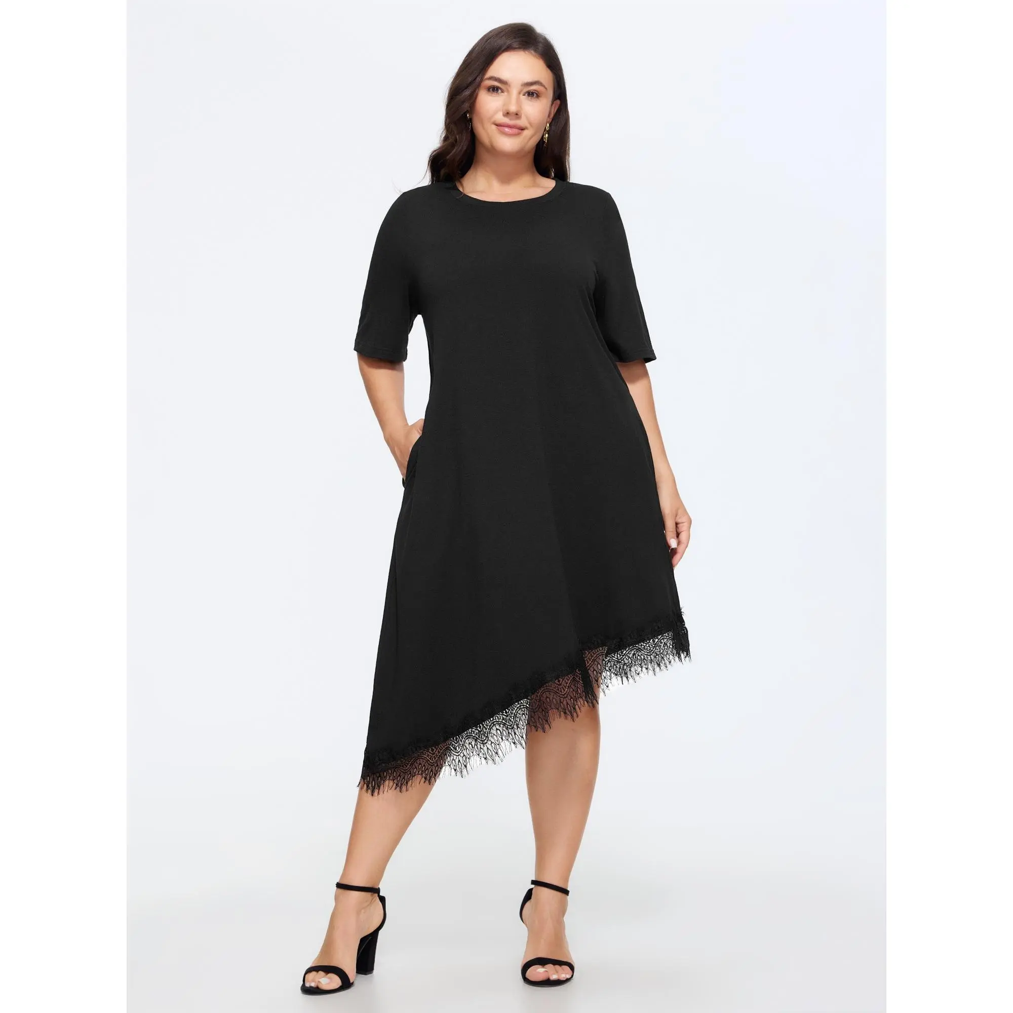 BLOOMCHIC Plus Size Supersoft Asymmetrical Lace Hem Midi Dress[M-6X] 2026 Summerfinds