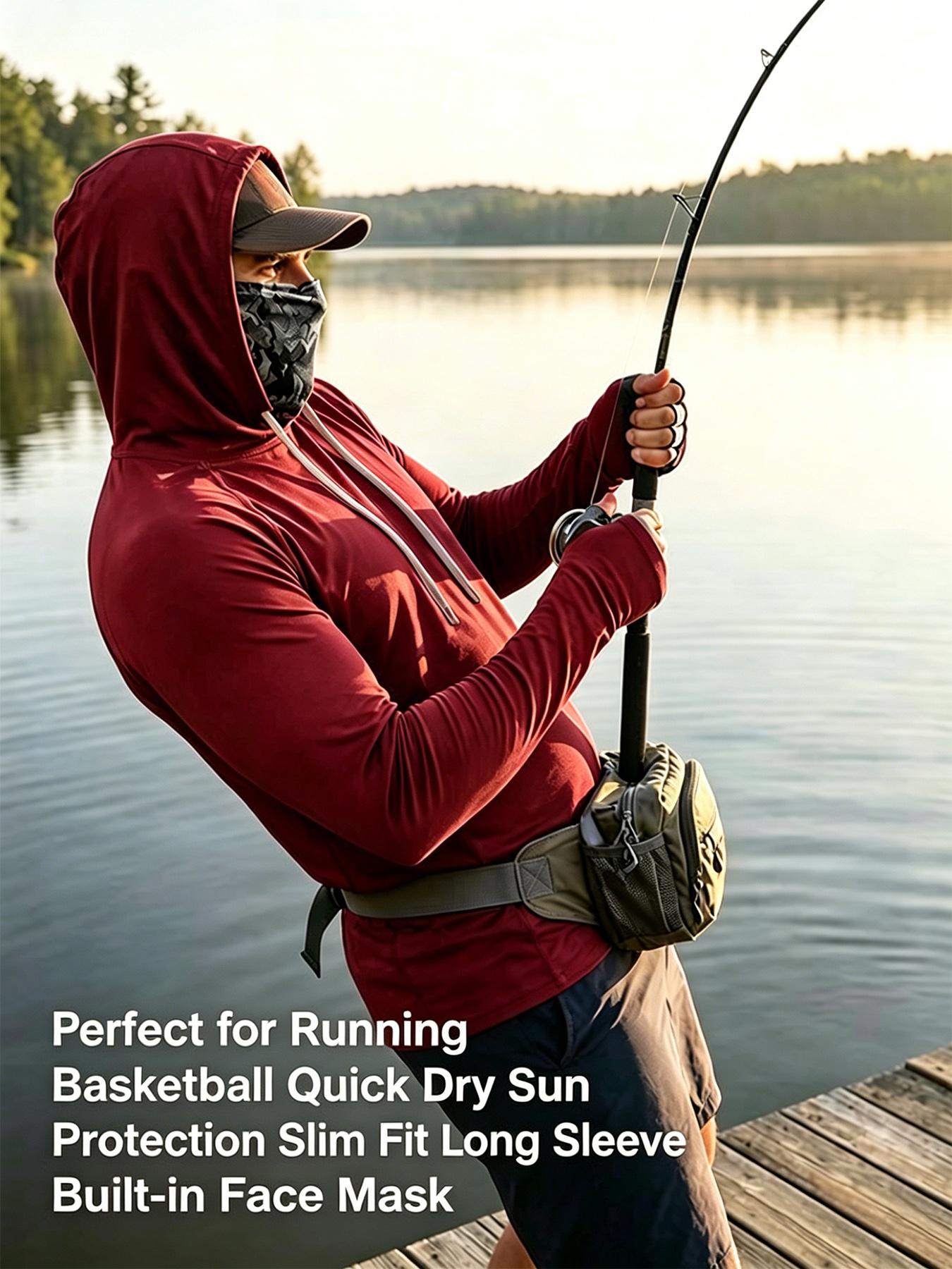 6 Pack Men UPF Sun Protection Compression Hooded Shirts. Quick Dry Breathable Long Sleeve Athletic Tops with Attached Face Mask. Lightweight Cooling Performance Activewear for Fishing Construction Outdoor Work