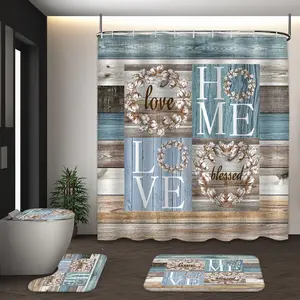 LVRLVR 4Pcs Farmhouse "Home Love Blessed" Cotton Wreath Print Rustic Multi-Color Shower Curtain Set 70.8×70.8 Inch