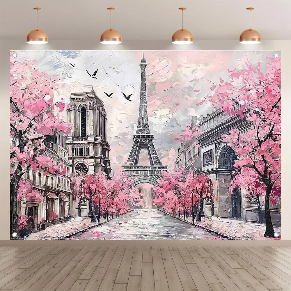 1pc Polyester Decorative Painting Wall Photography Background - 2D Flat Watercolor-Oil Spring Cherry Blossoms, Paris Eiffel Tower Pigeon Cityscape Canvas, Romantic Blush Pink Flowers for Bride Proposal & Decoration