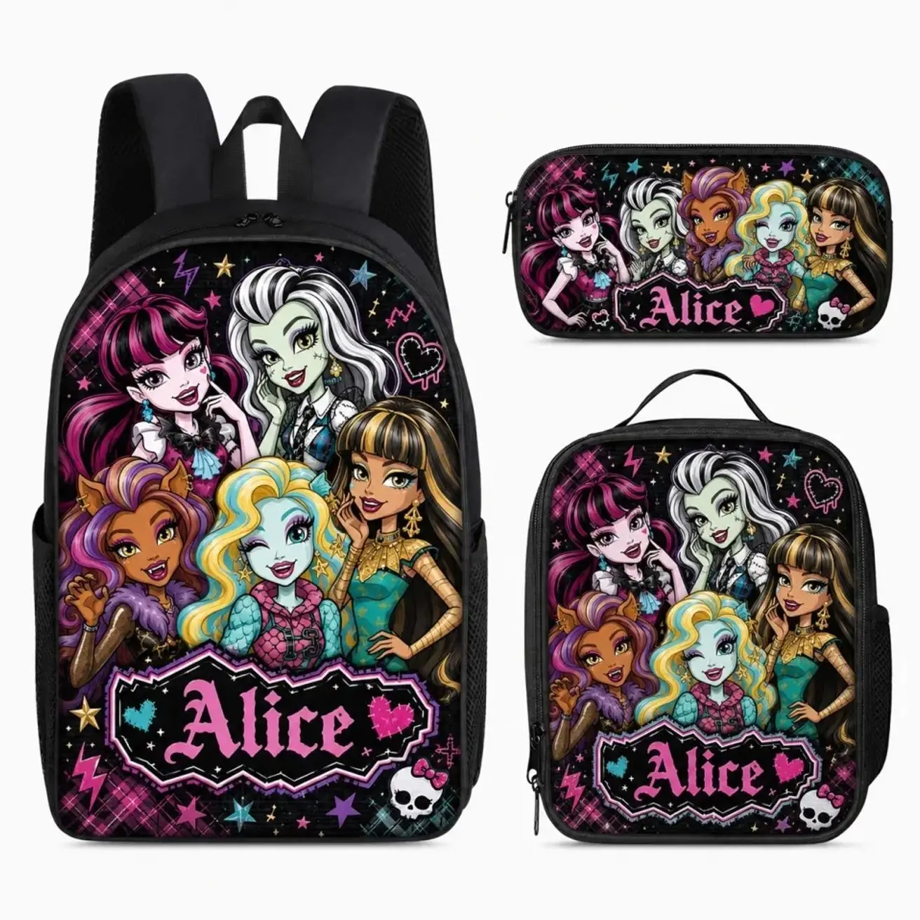 Custom Name Cute Fairytale Kingdom Characters 3-Piece Backpack Set | Elementary Schoolbag Insulated Lunch Bag Pencil Case | Personalized Gift for Girls