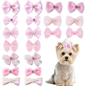 PURR LAB Cute Dog Hair Bows for Pet Parties - Elastic Rubber Bands with Lace Rhinestone Pearls, Purple Mix Style