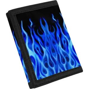 X-KWL06  Blue Flame Fire Print RFID Trifold Canvas Wallet for Kids Boys Girls Black Slim Novelty Credit Card Holder Wallets for Outdoor