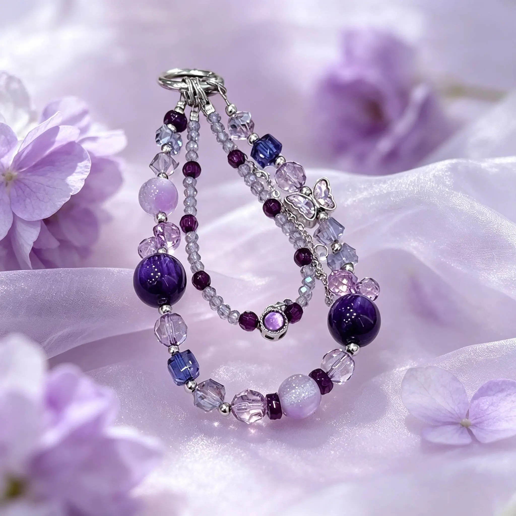 Sparkly Purple Heart Tassel Smartphone Lanyard - Non-natural Crystal Bead Accessories, Versatile Cellphone Strap, Bag Charm Decoration