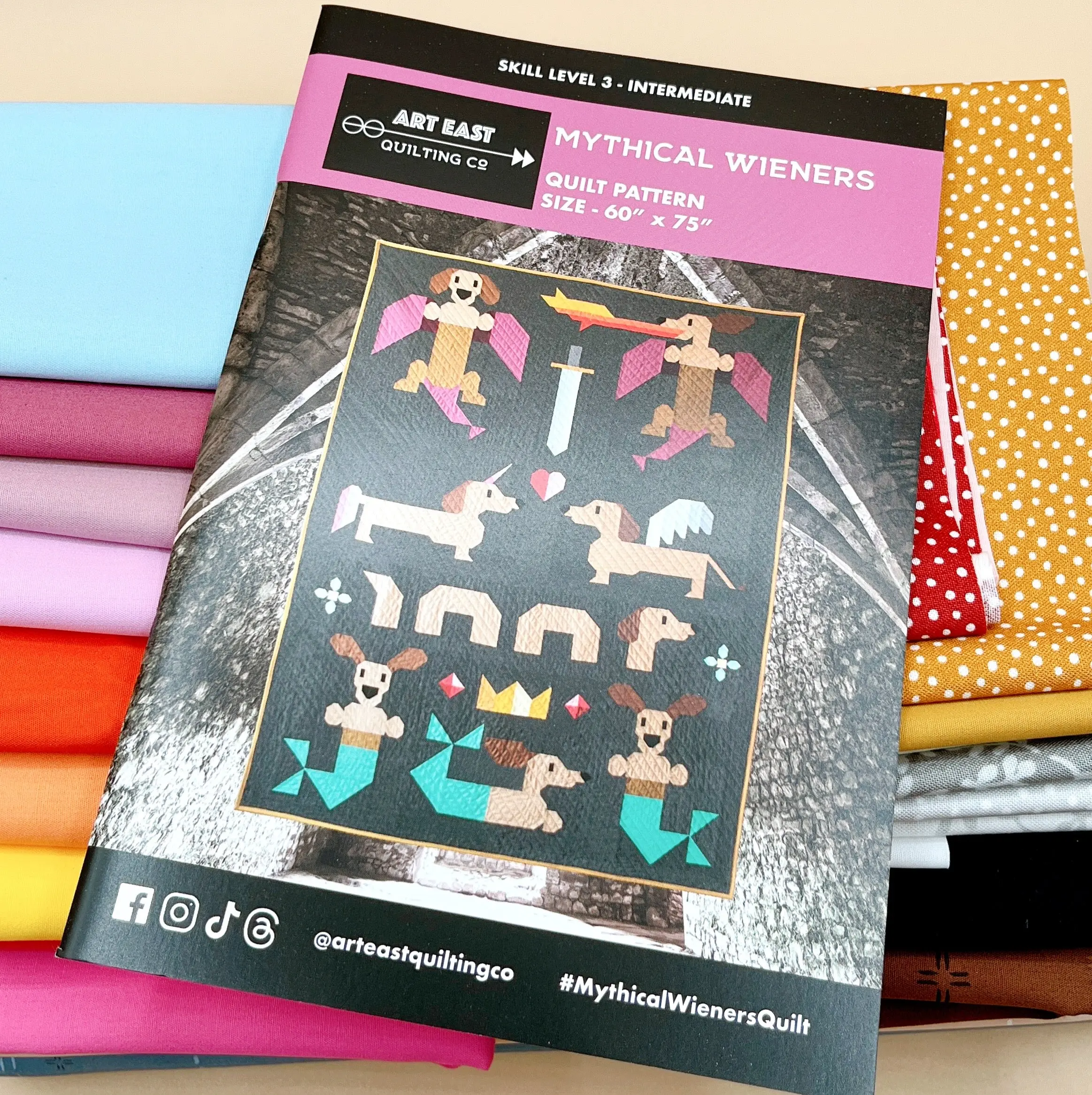 Mythical Wieners Quilt Kit - Dachshund Motifs Fabric Set for Home Quilts, Intermediate Skill Indoor Decor Sewing Craft Kit by Art East Quilting Co