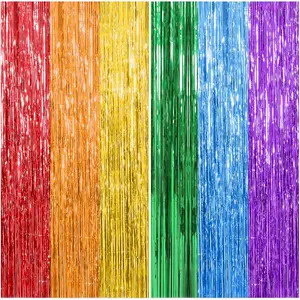 2 count Tinsel Curtains & Rainbow Party Decorations Kit, Fringe Backdrop for Birthday,  of School, Candyland Theme Party Decor