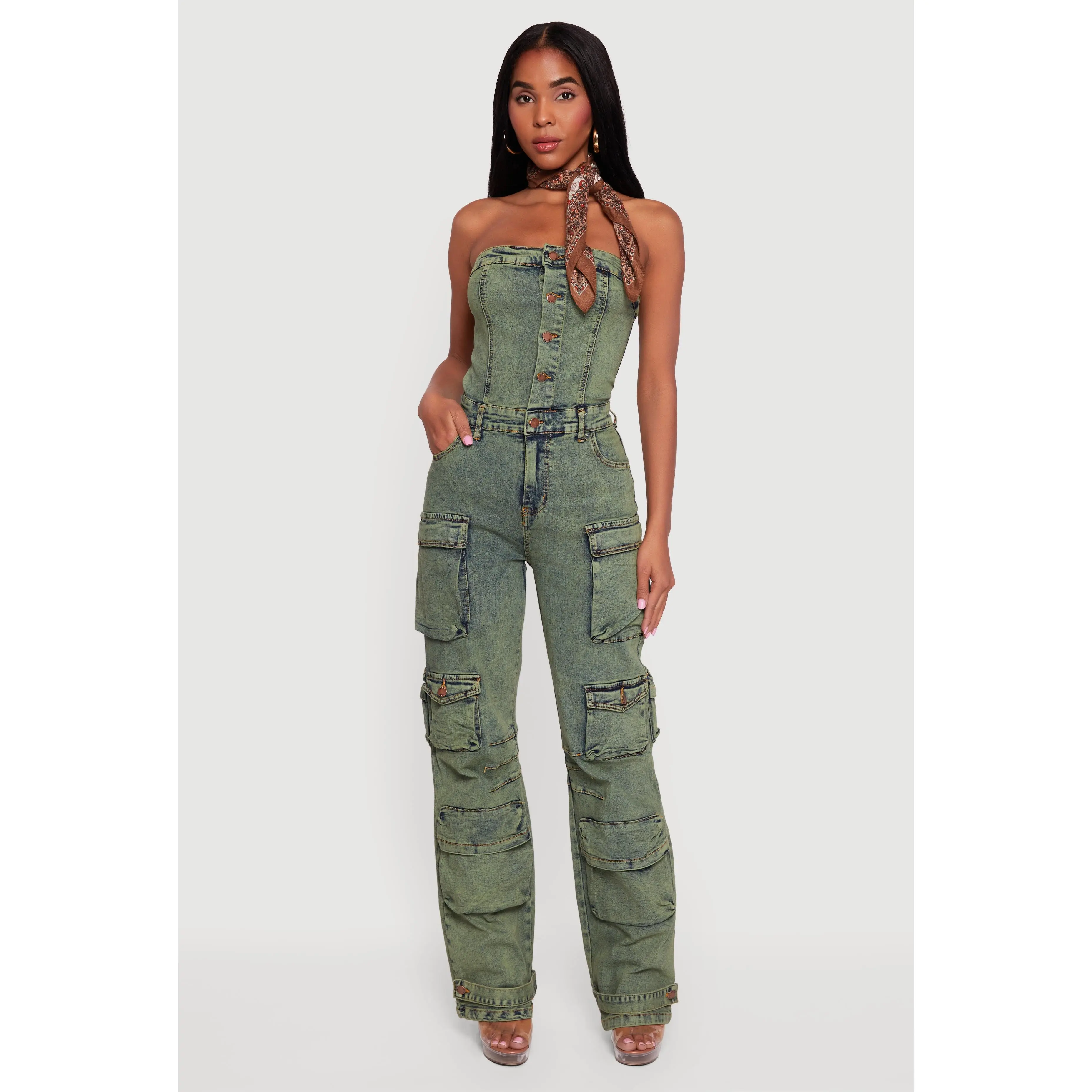 Acid Wash Strapless Button Front Utility Jumpsuit