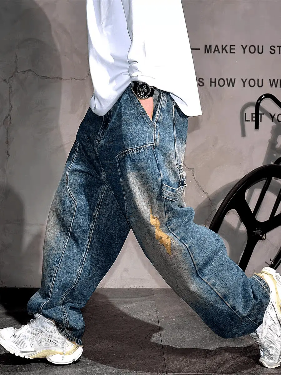 SRETOUU Men's Vintage Blue Distressed Holes Baggy Jeans Retro Splice Streetwear Men Straight Denim Pants Menswear Trouser