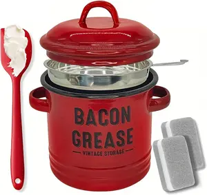 Bacon Grease Container with Strainer, Large 46oz Enamel Grease Saver, Kitchen Oil Dispenser with strainer & Lid, Olive Oil Dispenser, Ideal for Frying Residue Filtration