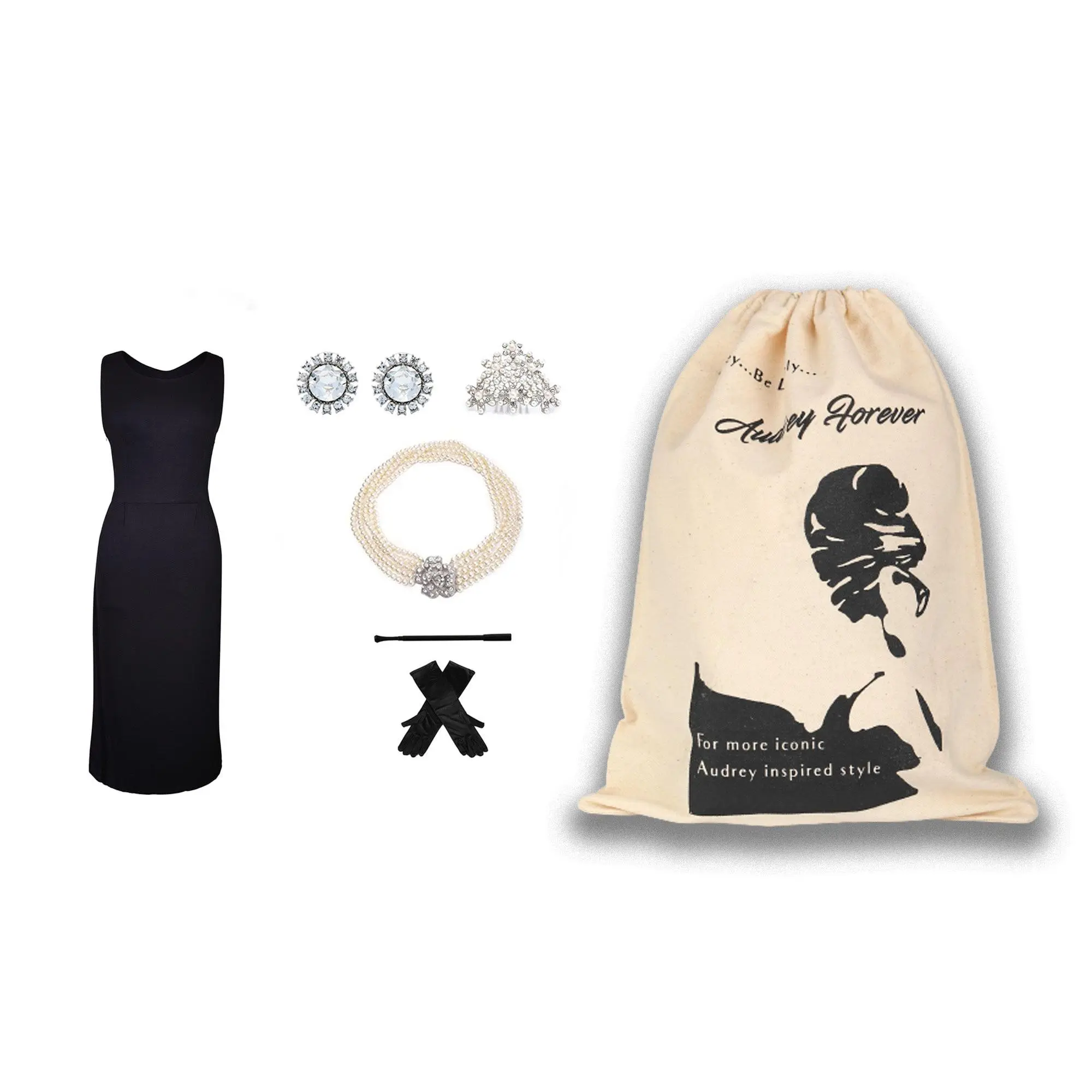 Audrey in a Bag Premium Holly Golightly Black Cotton Dress Costume Set – Iconic Audrey-Inspired Elegance for Halloween & Everyday Glam